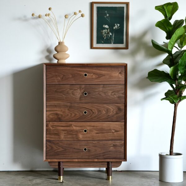 A solid wood dresser with 5 drawers and brass details for the pulls and on the legs. It is staged with a vase on top, a picture and a tree next to it.